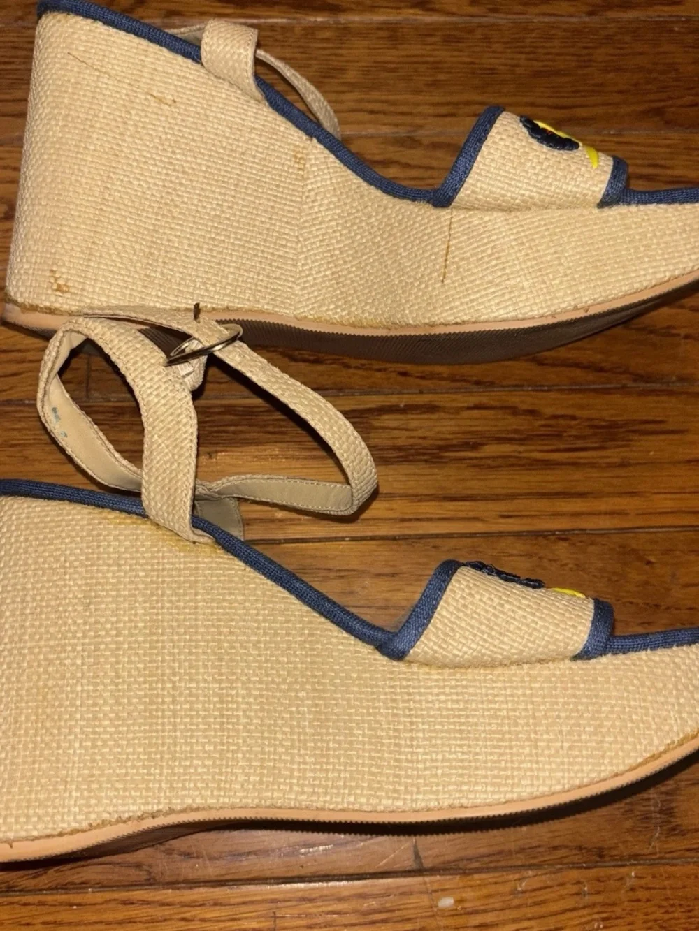 Vintage Y2K Nine West Woven Embroidered Blue Yellow Flower Platform Wedge Sandal